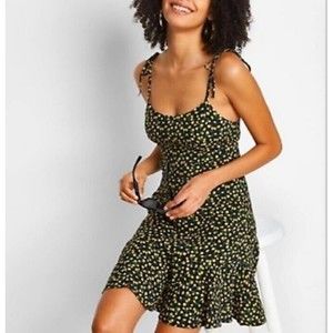 Wild Fable Womens Lemon Print Mini Dress Tied Straps Flounce Hem Black M…